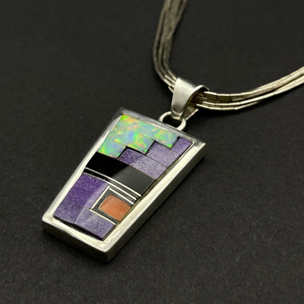 Vintage Native Scenic Reversable Gemstone Inlay Pendant Liquid Silver Necklace - Picture 11 of 12